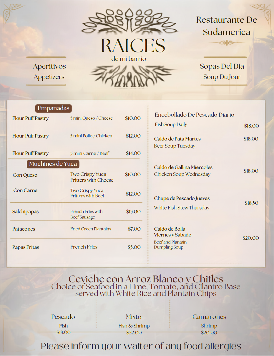 Raices Barrio Menu